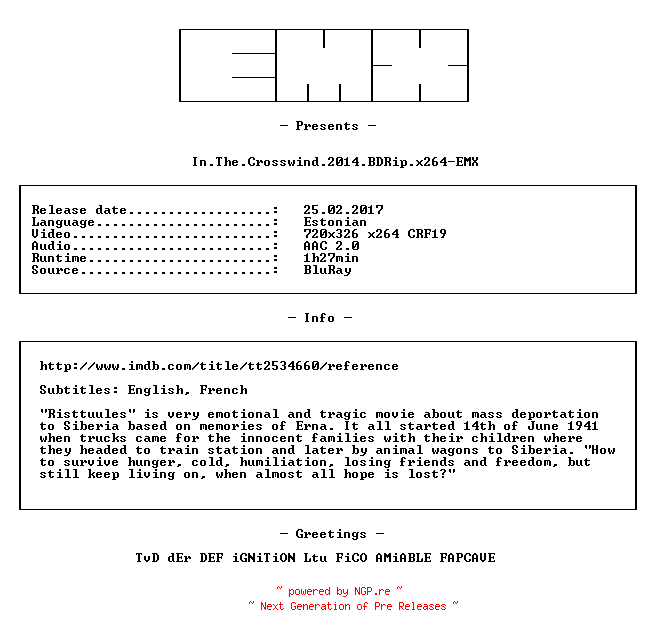 NFO for the release In.The.Crosswind.2014.BDRip.x264-EMX by EMX