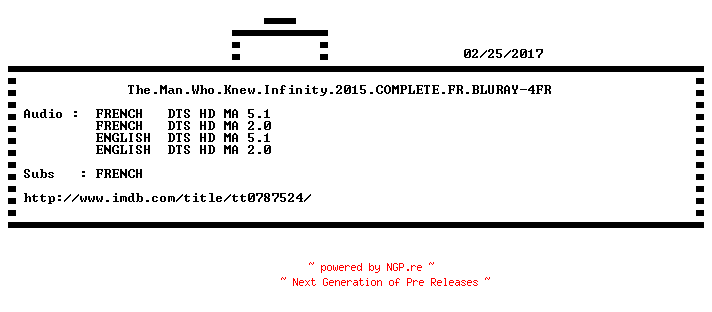 NFO for the release The.Man.Who.Knew.Infinity.2015.COMPLETE.FR.BLURAY-4FR by 4FR