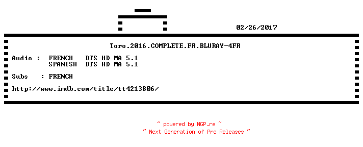 NFO for the release Toro.2016.COMPLETE.FR.BLURAY-4FR by 4FR