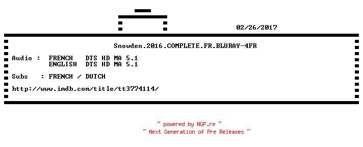 NFO for the release Snowden.2016.COMPLETE.FR.BLURAY-4FR by 4FR