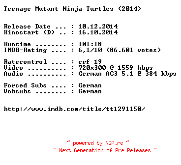 NFO for the release Teenage.Mutant.Ninja.Turtles.German.2014.BDRiP.x264-EXQUiSiTE by EXQUiSiTE