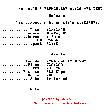 NFO for the release Horns.2013.FRENCH.BDRip.x264-PRiDEHD by PRiDEHD