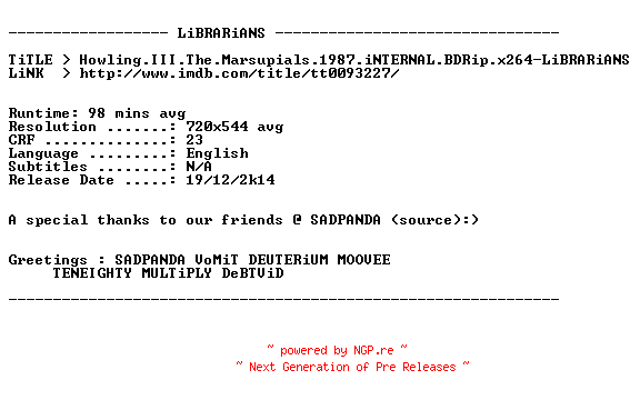 NFO for the release Howling.III.The.Marsupials.1987.iNTERNAL.BDRip.x264-LiBRARiANS by LiBRARiANS