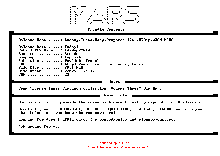 NFO for the release Looney.Tunes.Beep.Prepared.1961.BDRip.x264-MARS by MARS