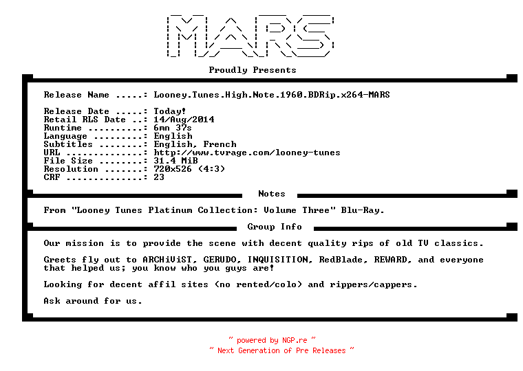 NFO for the release Looney.Tunes.High.Note.1960.BDRip.x264-MARS by MARS