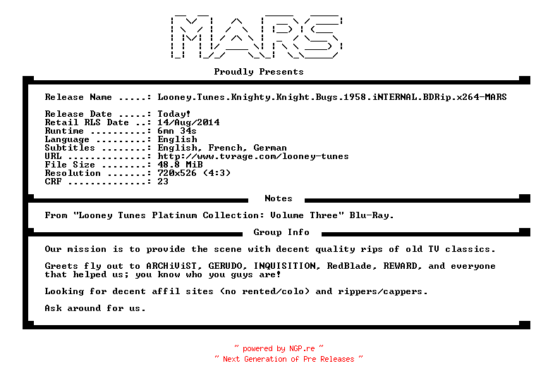 NFO for the release Looney.Tunes.Knighty.Knight.Bugs.1958.iNTERNAL.BDRip.x264-MARS by MARS
