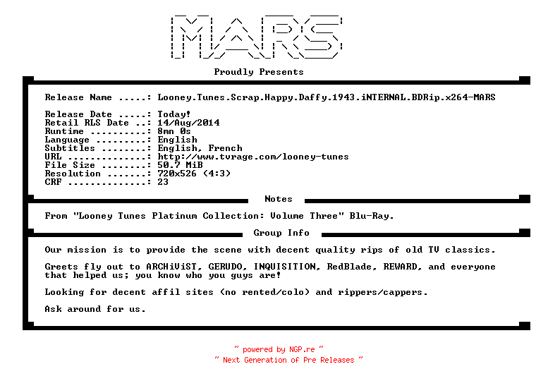 NFO for the release Looney.Tunes.Scrap.Happy.Daffy.1943.iNTERNAL.BDRip.x264-MARS by MARS