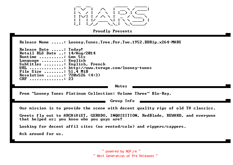 NFO for the release Looney.Tunes.Tree.For.Two.1952.BDRip.x264-MARS by MARS