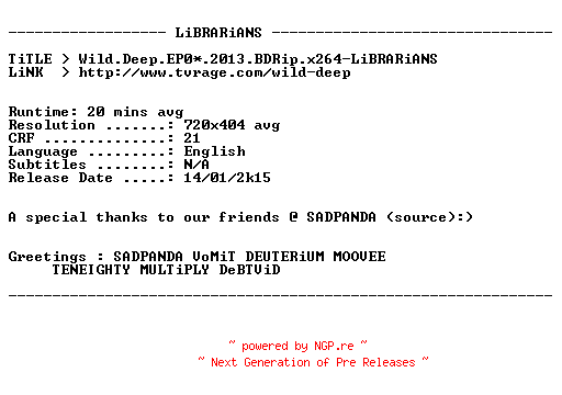 NFO for the release Wild.Deep.EP03.2013.BDRip.x264-LiBRARiANS by LiBRARiANS