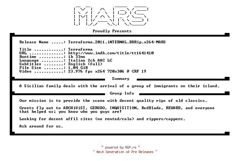 NFO for the release Terraferma.2011.iNTERNAL.BDRip.x264-MARS by MARS