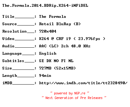 NFO for the release The.Formula.2014.BDRip.X264-iNFiDEL by iNFiDEL
