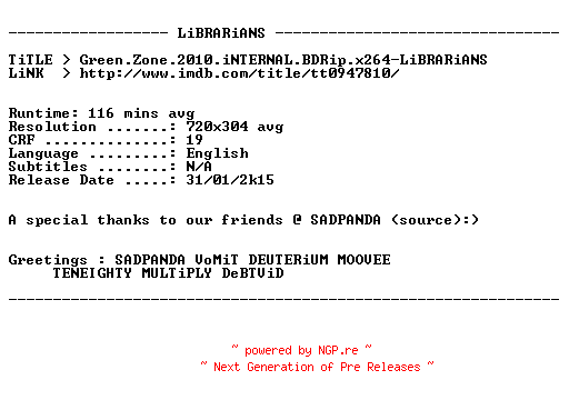 NFO for the release Green.Zone.2010.iNTERNAL.BDRip.x264-LiBRARiANS by LiBRARiANS