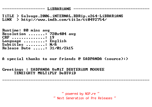 NFO for the release Salvage.2006.iNTERNAL.BDRip.x264-LiBRARiANS by LiBRARiANS
