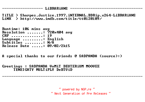 NFO for the release Sharpes.Justice.1997.iNTERNAL.BDRip.x264-LiBRARiANS by LiBRARiANS