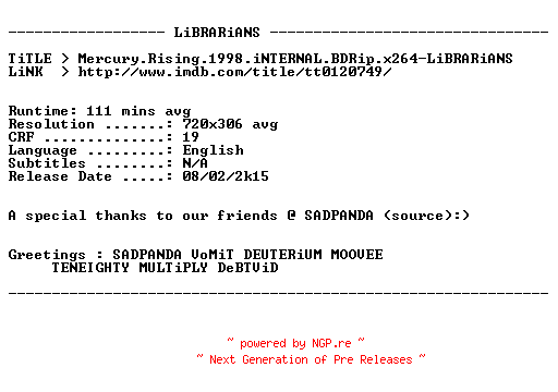 NFO for the release Mercury.Rising.1998.iNTERNAL.BDRip.x264-LiBRARiANS by LiBRARiANS