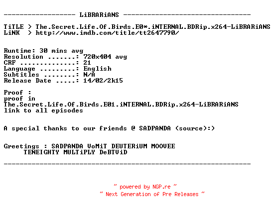 NFO for the release The.Secret.Life.Of.Birds.E03.iNTERNAL.BDRip.x264-LiBRARiANS by LiBRARiANS