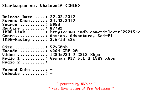 NFO for the release Sharktopus.vs.Whalewolf.2015.German.720p.BluRay.x264-SPiCY by SPiCY
