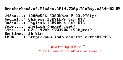 NFO for the release Brotherhood.of.Blades.2014.720p.BluRay.x264-USURY by USURY