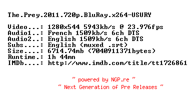 NFO for the release The.Prey.2011.720p.BluRay.x264-USURY by USURY