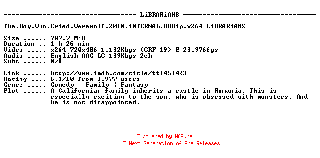 NFO for the release The.Boy.Who.Cried.Werewolf.2010.iNTERNAL.BDRip.x264-LiBRARiANS by LiBRARiANS