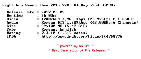 NFO for the release Right.Now.Wrong.Then.2015.720p.BluRay.x264-GiMCHi by GiMCHi