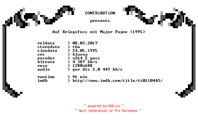 NFO for the release Auf.Kriegsfuss.mit.Major.Payne.1995.German.720p.BluRay.x264-CONTRiBUTiON by CONTRiBUTiON