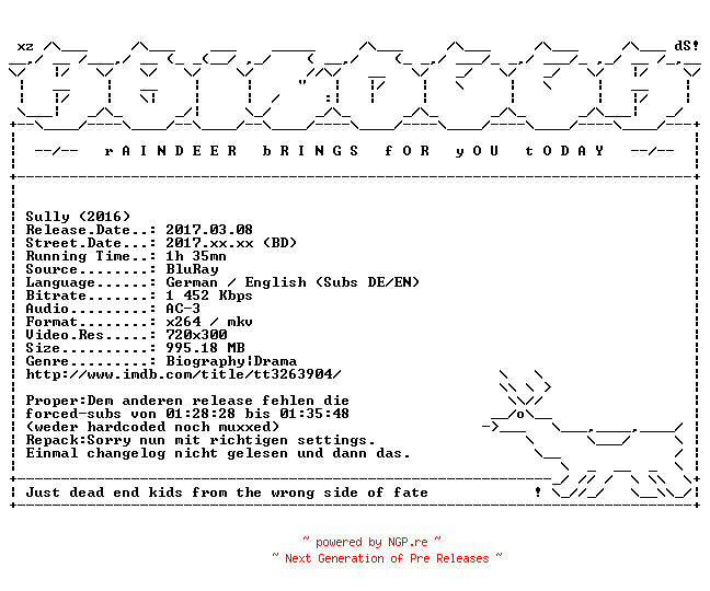 NFO for the release Sully.2016.German.DL.BDRiP.X264.PROPER.REPACK-RAiNDEER by RAiNDEER