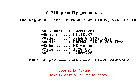 NFO for the release The.Night.Of.Part1.FRENCH.720p.BluRay.x264-AiRTV by AiRTV