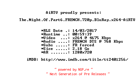 NFO for the release The.Night.Of.Part6.FRENCH.720p.BluRay.x264-AiRTV by AiRTV