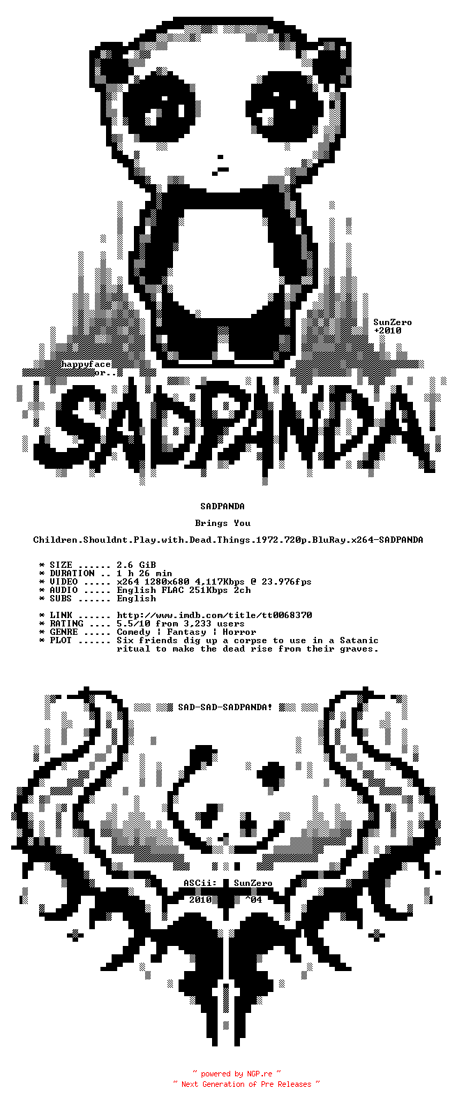 NFO for the release Children.Shouldnt.Play.with.Dead.Things.1972.720p.BluRay.x264-SADPANDA by SADPANDA
