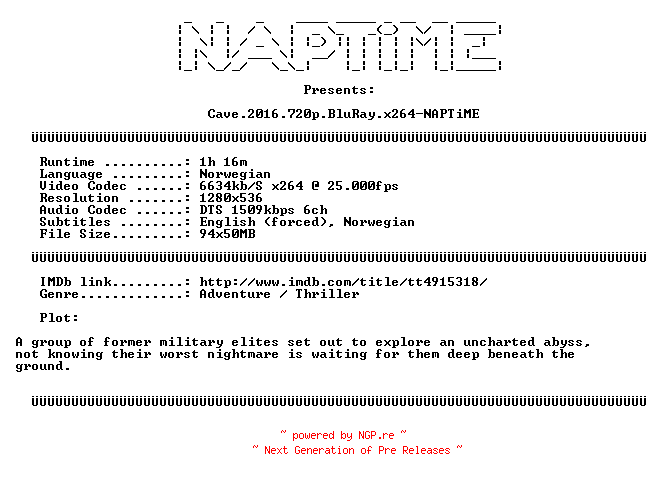 NFO for the release Cave.2016.720p.BluRay.x264-NAPTiME by NAPTiME