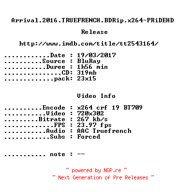 NFO for the release Arrival.2016.TRUEFRENCH.BDRip.x264-PRiDEHD by PRiDEHD