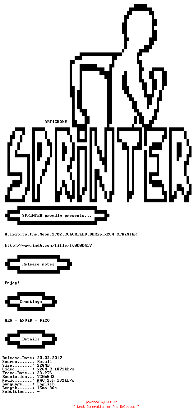 NFO for the release A.Trip.to.the.Moon.1902.COLORIZED.BDRip.x264-SPRiNTER by SPRiNTER