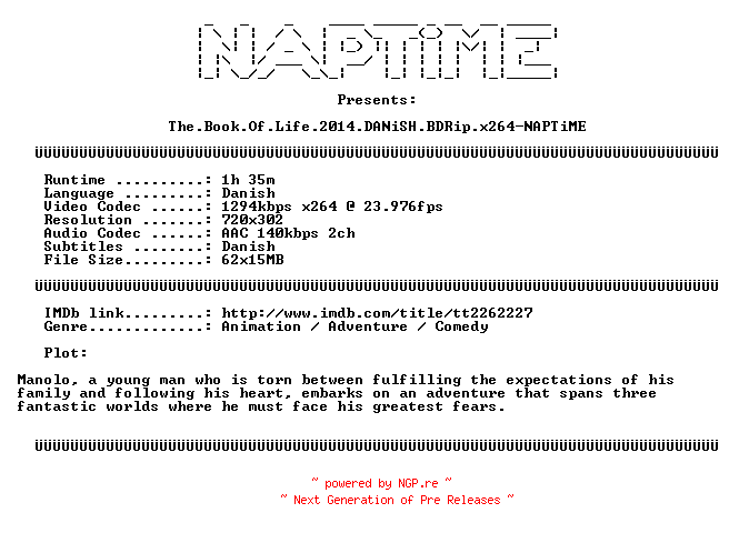 NFO for the release The.Book.Of.Life.2014.DANiSH.BDRip.x264-NAPTiME by NAPTiME