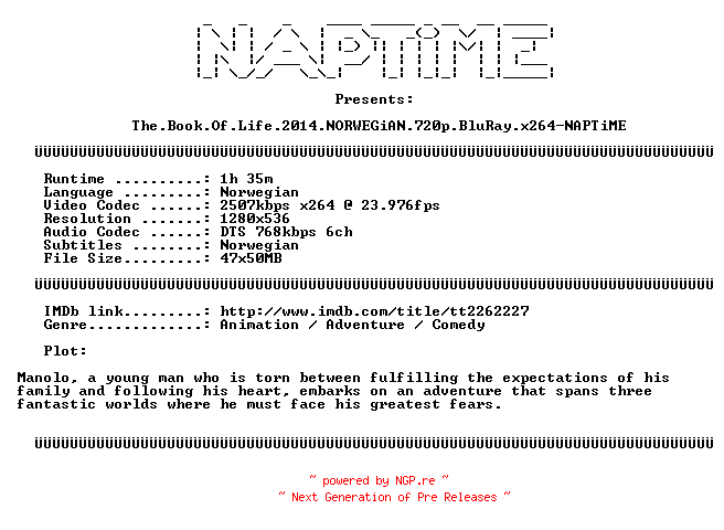 NFO for the release The.Book.Of.Life.2014.NORWEGiAN.720p.BluRay.x264-NAPTiME by NAPTiME