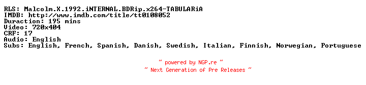 NFO for the release Malcolm.X.1992.iNTERNAL.BDRip.x264-TABULARiA by TABULARiA