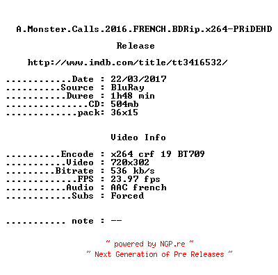 NFO for the release A.Monster.Calls.2016.FRENCH.BDRip.x264-PRiDEHD by PRiDEHD