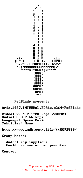 NFO for the release Aria.1987.INTERNAL.BDRip.x264-RedBlade by RedBlade