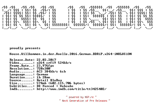 NFO for the release House.Willkommen.in.der.Hoelle.2016.German.BDRiP.x264-iNKLUSiON by iNKLUSiON