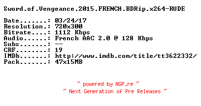 NFO for the release Sword.of.Vengeance.2015.FRENCH.BDRip.x264-RUDE by RUDE