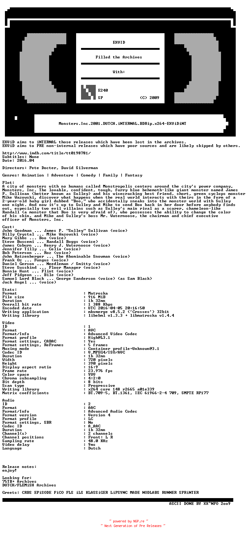 NFO for the release Monsters.Inc.2001.DUTCH.iNTERNAL.BDRip.x264-EXViDiNT by EXViDiNT