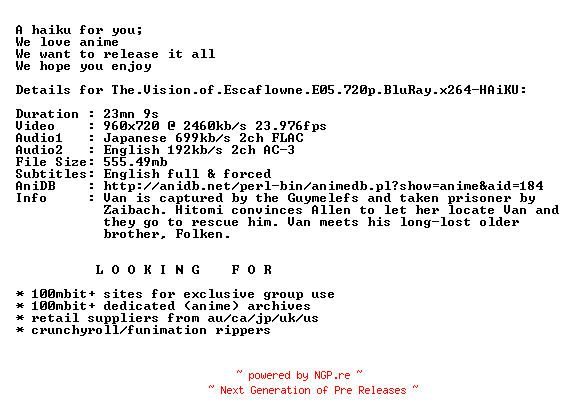 NFO for the release The.Vision.of.Escaflowne.E05.720p.BluRay.x264-HAiKU by HAiKU