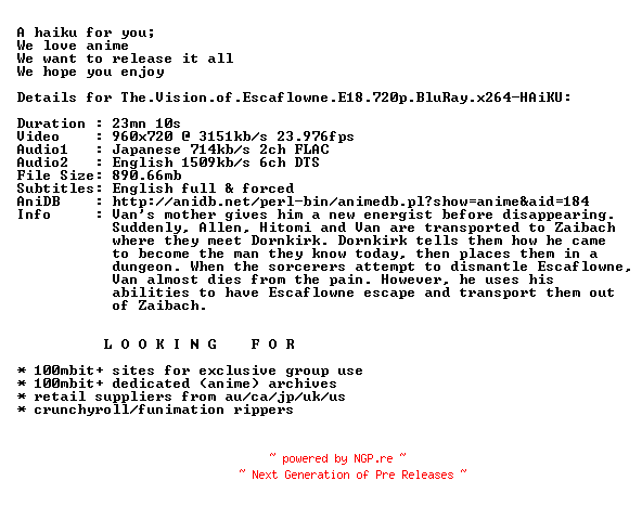 NFO for the release The.Vision.of.Escaflowne.E18.720p.BluRay.x264-HAiKU by HAiKU