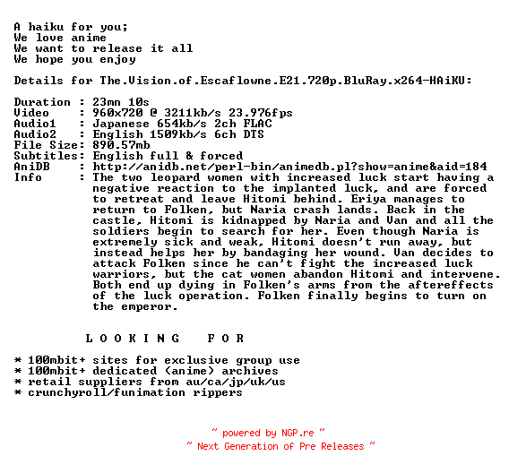 NFO for the release The.Vision.of.Escaflowne.E21.720p.BluRay.x264-HAiKU by HAiKU