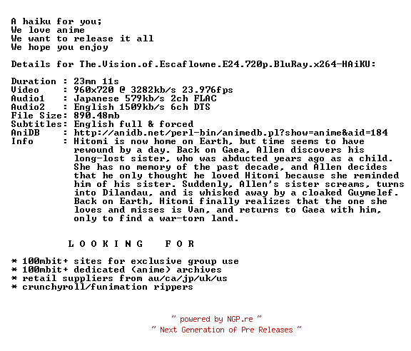 NFO for the release The.Vision.of.Escaflowne.E24.720p.BluRay.x264-HAiKU by HAiKU