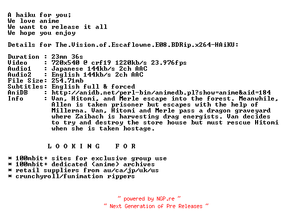 NFO for the release The.Vision.of.Escaflowne.E08.BDRip.x264-HAiKU by HAiKU