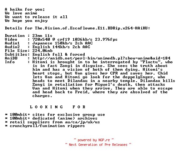 NFO for the release The.Vision.of.Escaflowne.E11.BDRip.x264-HAiKU by HAiKU