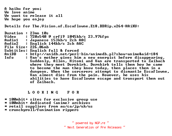 NFO for the release The.Vision.of.Escaflowne.E18.BDRip.x264-HAiKU by HAiKU