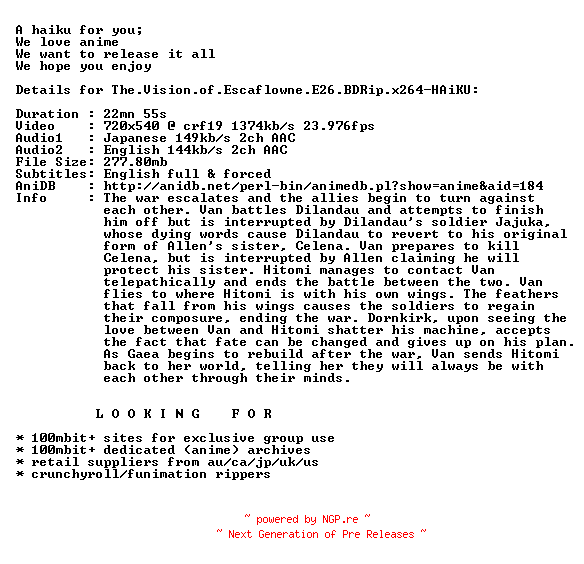 NFO for the release The.Vision.of.Escaflowne.E26.BDRip.x264-HAiKU by HAiKU