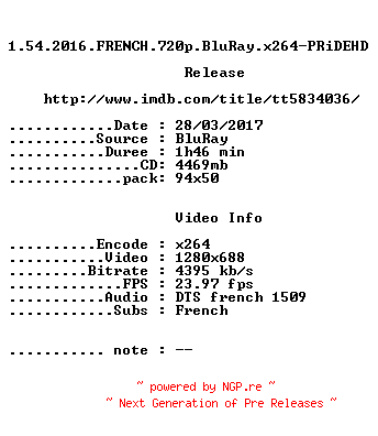 NFO for the release 1.54.2016.FRENCH.720p.BluRay.x264-PRiDEHD by PRiDEHD